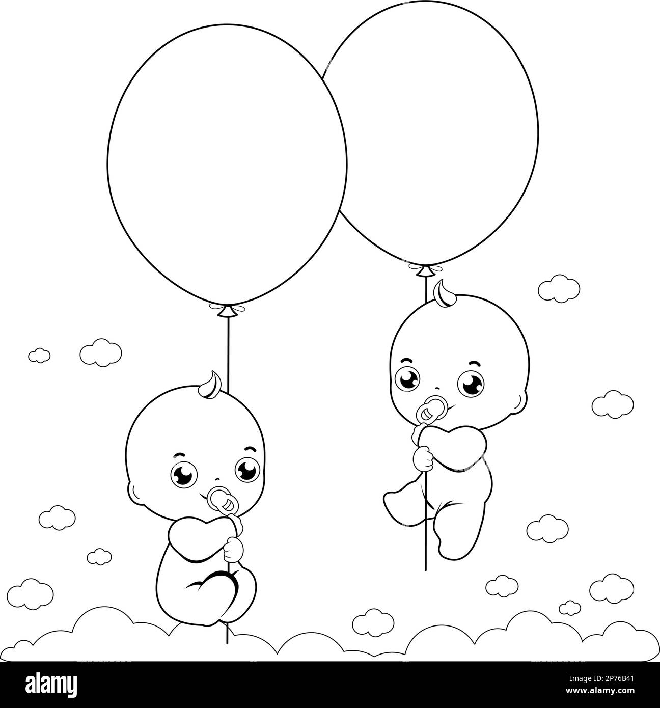 Bébé jumeaux dans le ciel tenant des ballons. Page de couleur noire et blanche vectorielle Illustration de Vecteur