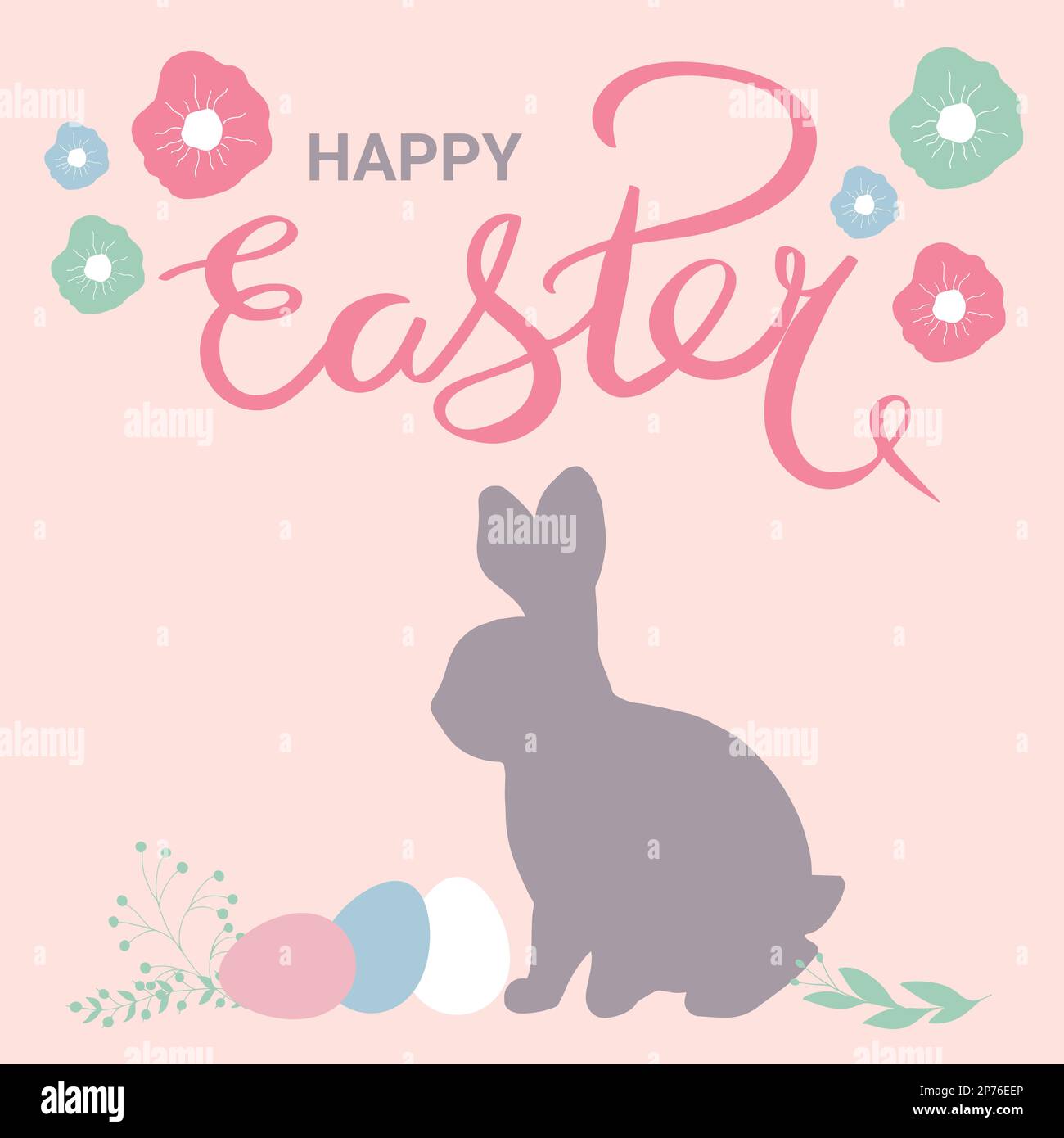 Carte de vœux Happy Easter Celebration dans des couleurs pastel. Silhouette de lapin de Pâques dessinées à la main avec œufs et fleurs. Illustration de Vecteur
