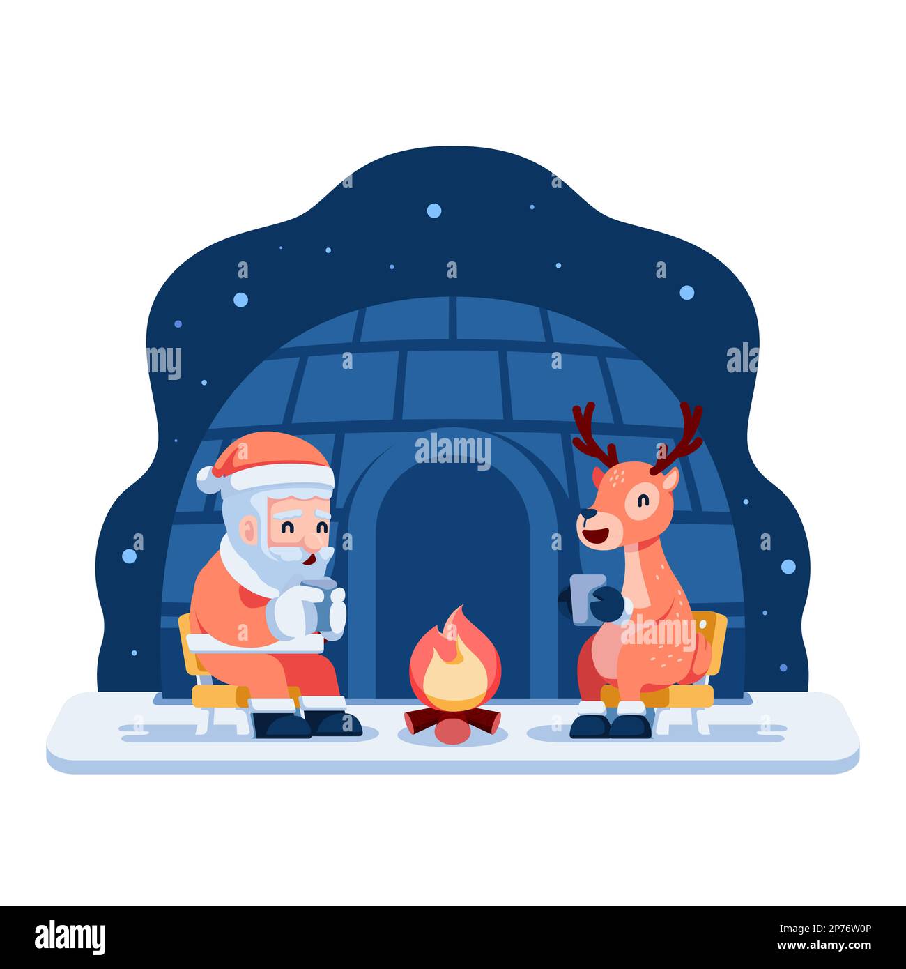 Le Père Noël et le renne buvant du thé autour de Campfire. Illustration du joyeux Noël et de la bonne année. Illustration de Vecteur