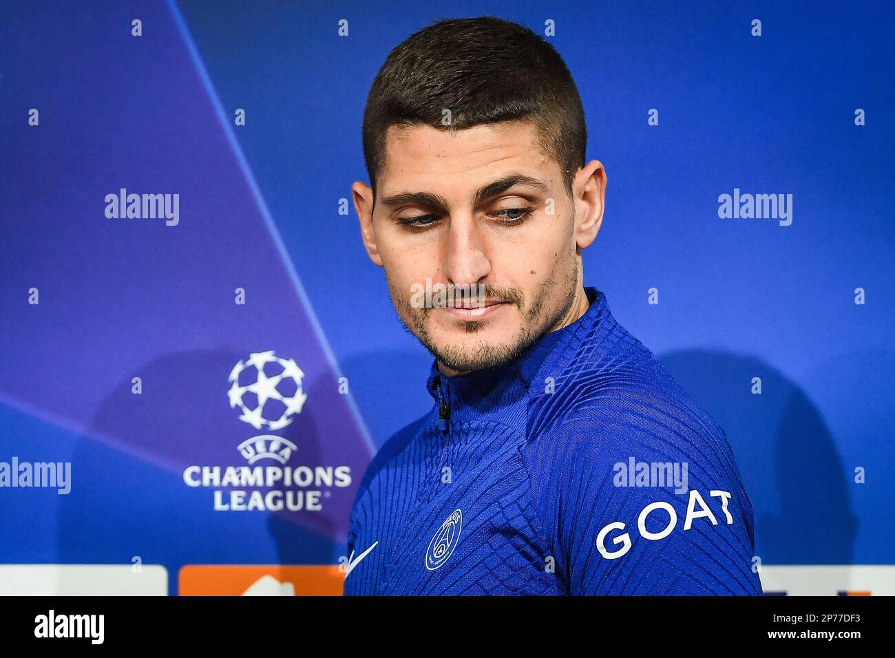 Munich, Allemagne - 07/03/2023, Marco VERRATTI de PSG lors de la conférence  de presse de Paris Saint-Germain, en prévision du match de football de la  Ligue des champions de l'UEFA sur 7