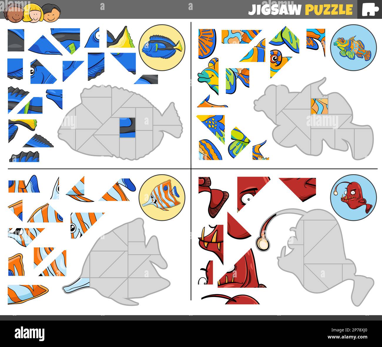 Illustration de dessin animé de jeux de puzzle éducatifs avec des personnages amusants d'animaux marins de poissons Illustration de Vecteur