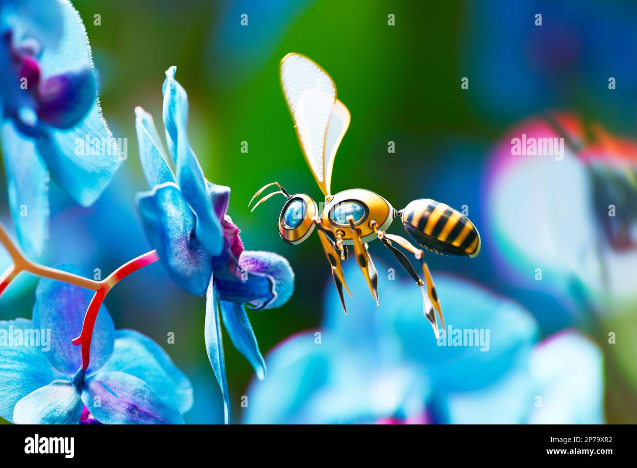 Un rendu en 3D d'un robot d'abeille artificielle remplaçant les abeilles  réelles dans le processus de collecte de pollen précieux d'une fleur  d'orchidée bleue colorée de près Photo Stock - Alamy