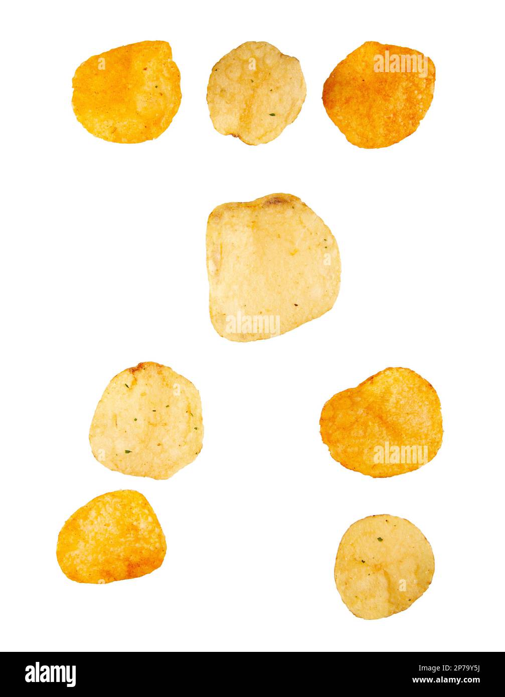 Kit de signes de ponctuation faits de chips de pomme de terre et isolés sur fond blanc. Concept de l'alphabet alimentaire. Partie de l'ensemble de police de puce de pomme de terre facile à mettre en valeur Banque D'Images