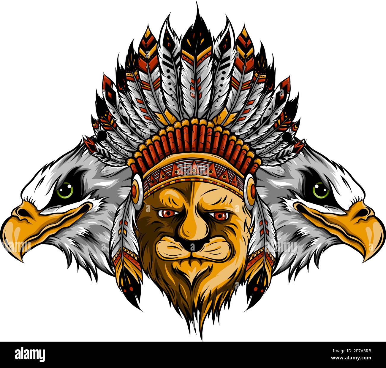 Lion dans le cafard indien coloré. Aigle en plumes indiennes Illustration de Vecteur Lion dans le cafard indien coloré. Aigle en plumes indiennes Illustration de Vecteur
