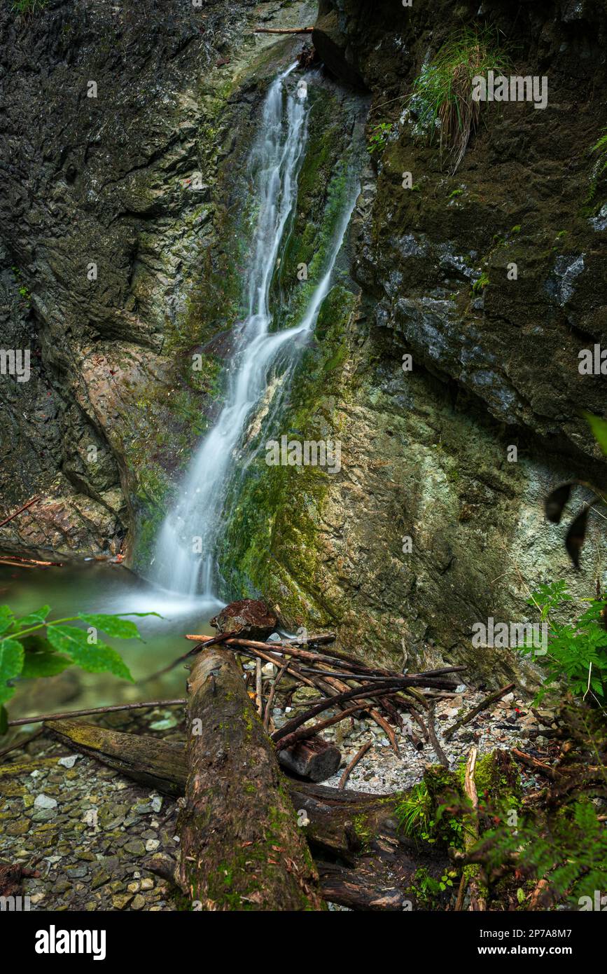 Une petite cascade sur le sentier de randonnée dans le parc national du Paradis Slovaque. Slovaquie, Parc national de Slowacki Raj, Slovaquie, Europe Banque D'Images