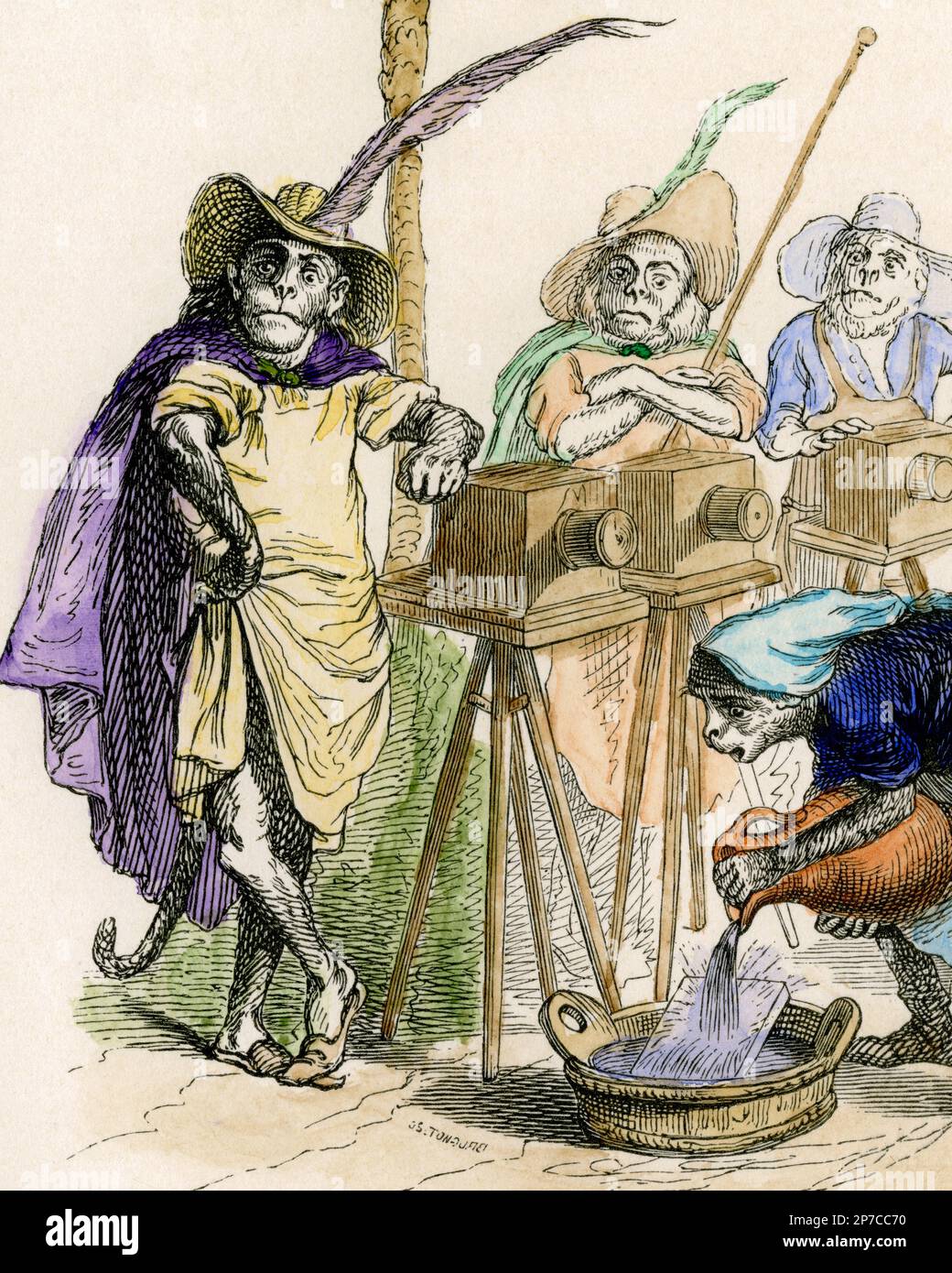 Photographie Time Lapse, style 1842 : détail, gravure en bois teintée à la main de premiers photographes bohèmes, dessinés comme des singes par le satirat politique et social français radical J.J. Grandville (1803-47), attendant impatiemment qu'un assistant simien finisse de laver ses plaques photographiques. De «scénarios de la vie privée et publique des animaux», dans lequel Grandville a décrit de nombreux autres animaux effectuant des tâches humaines. Banque D'Images