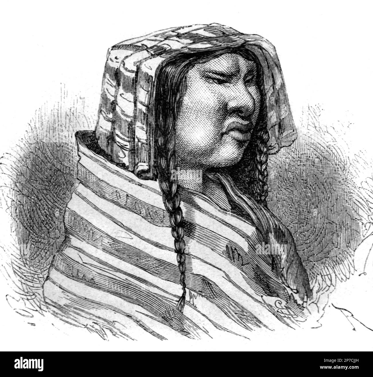 Portrait d’une femme quechua, peuple indigène d’Amérique du Sud, en particulier du Pérou et de Bolivie, vêtue de vêtements traditionnels dont un poncho. Gravure vintage ou illustration 1862 Banque D'Images