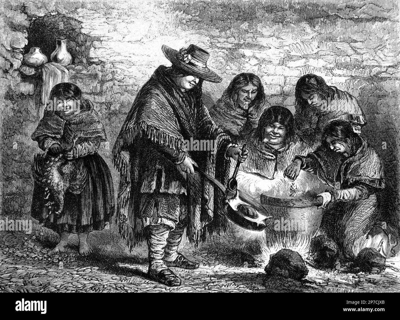 Repas communautaire chez les Amérindiens, les Amérindiens ou les Quechua à Machupicchu ou Machupicchu Pueblo, alias Aguas Calientes Pérou. Gravure ou illustration vintage ou historique 1862 Banque D'Images