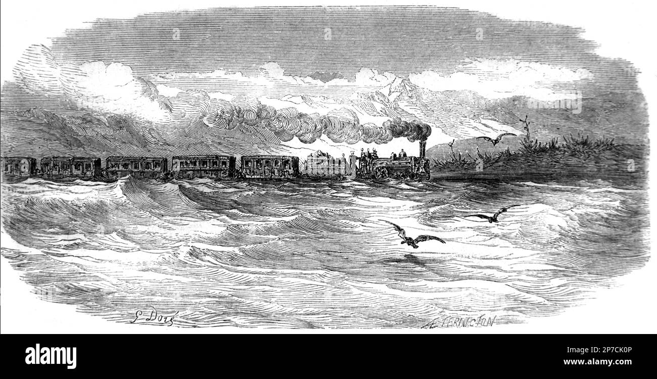 Train à vapeur arrivant à Barcelone Espagne. Gravure ou illustration vintage ou historique par Gustave doré 1862 Banque D'Images