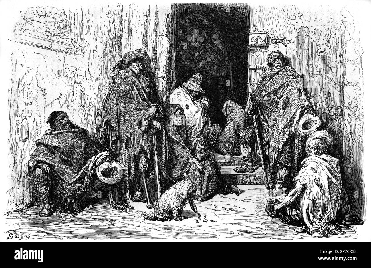 Mendiants à l'extérieur de la cathédrale de Barcelone Espagne. Gravure ou illustration vintage ou historique par Gustave doré 1862 Banque D'Images