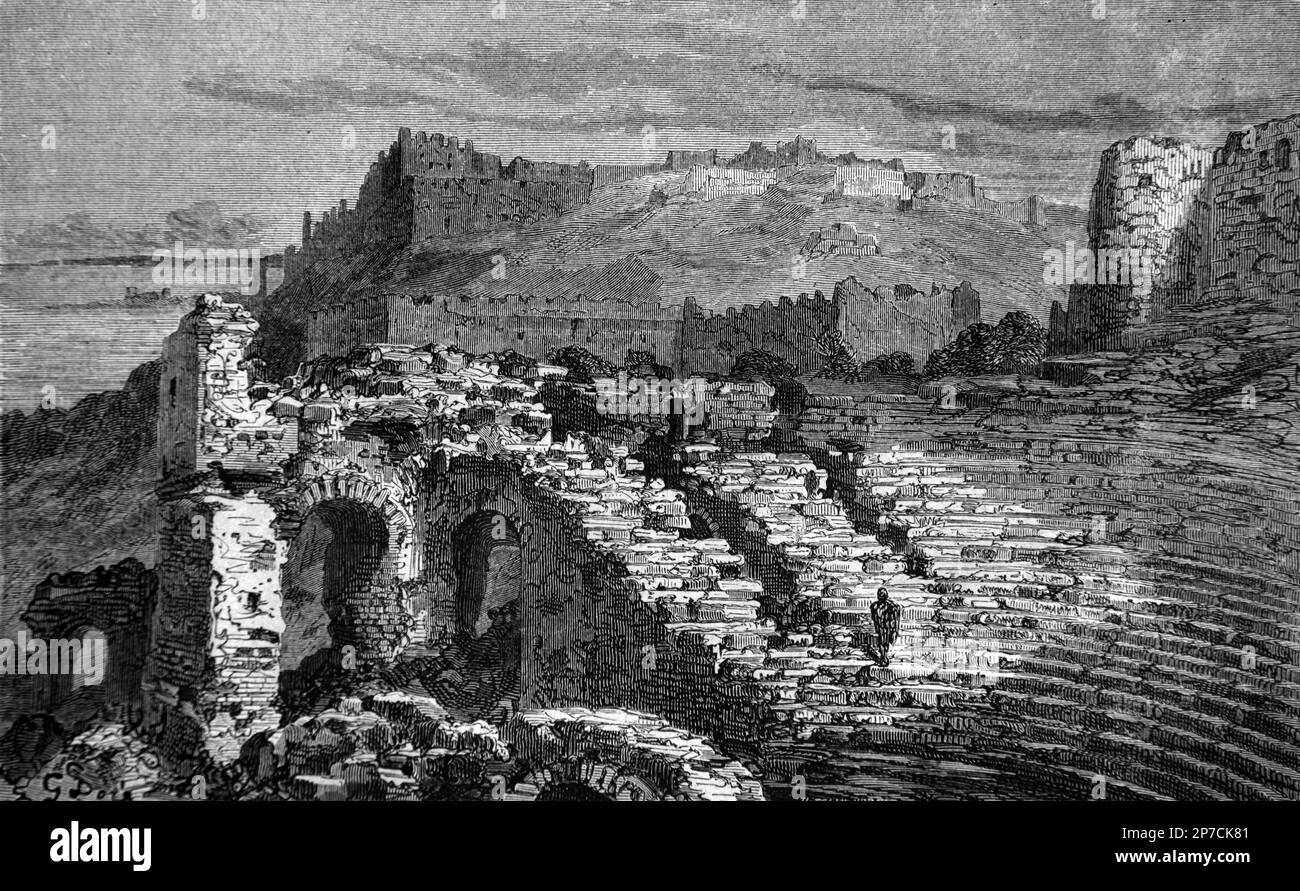 Ruines du théâtre romain sur la colline de la Citadelle dans l'ancienne ville romaine de Saguntum, Sagunto ou Sagunt, Valence, Espagne. Gravure ou illustration vintage ou historique 1862 Banque D'Images