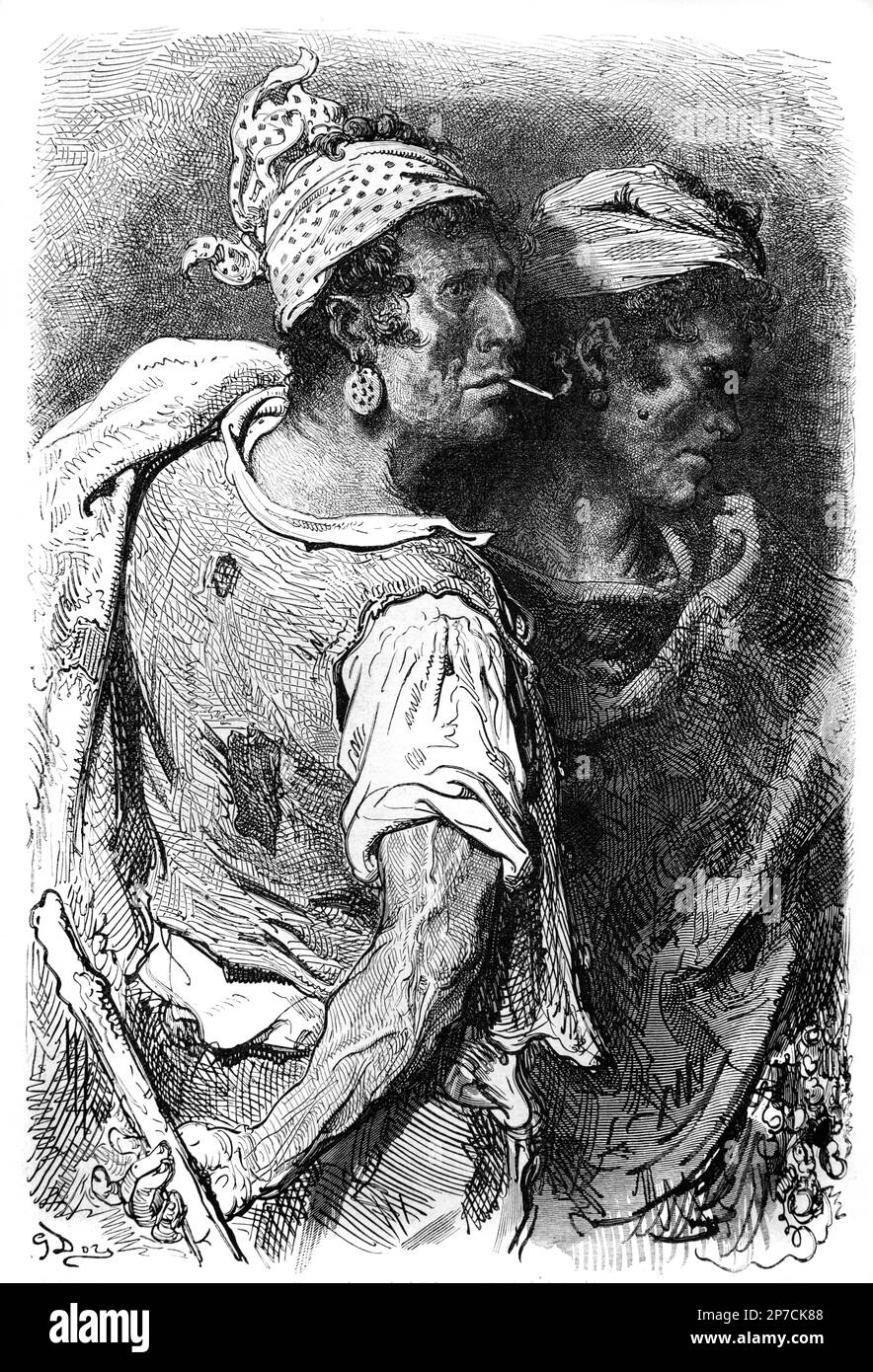 Portrait des hommes de travail ou des tziganes à Valence Espagne gravure ou illustration ancienne ou historique par Gustave doré 1862 Banque D'Images