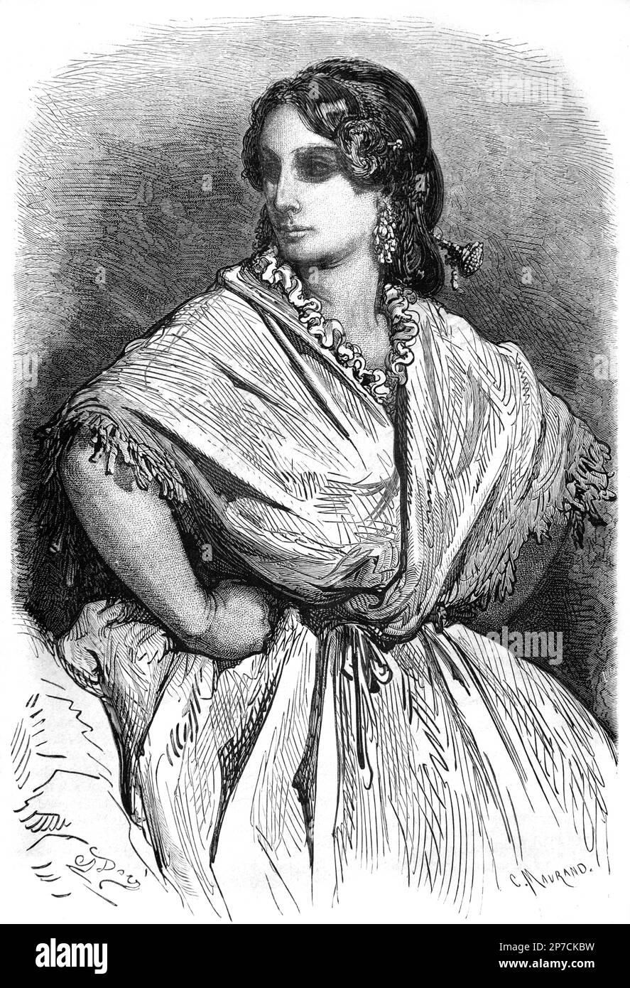 Portrait d'une femme espagnole de Valence Espagne. Gravure ou illustration vintage ou historique par Gustave doré.1862 Banque D'Images