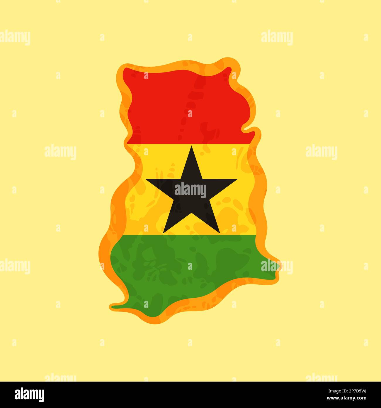 Carte du Ghana en couleur avec le drapeau et marquée d'une ligne dorée dans le style grunge vintage. Illustration de Vecteur