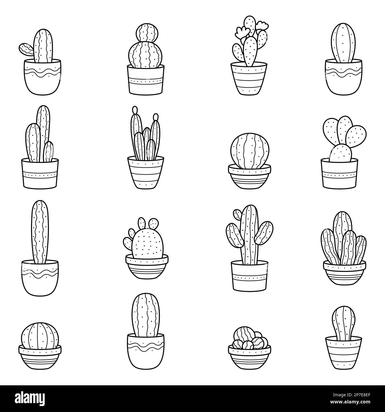 Ensemble Cactus. Une collection de jolies plantes en pot minimalistes. Illustrations clipart linéaires simples. Logos et emblèmes pour fleuriste. Clipart pour pac Illustration de Vecteur