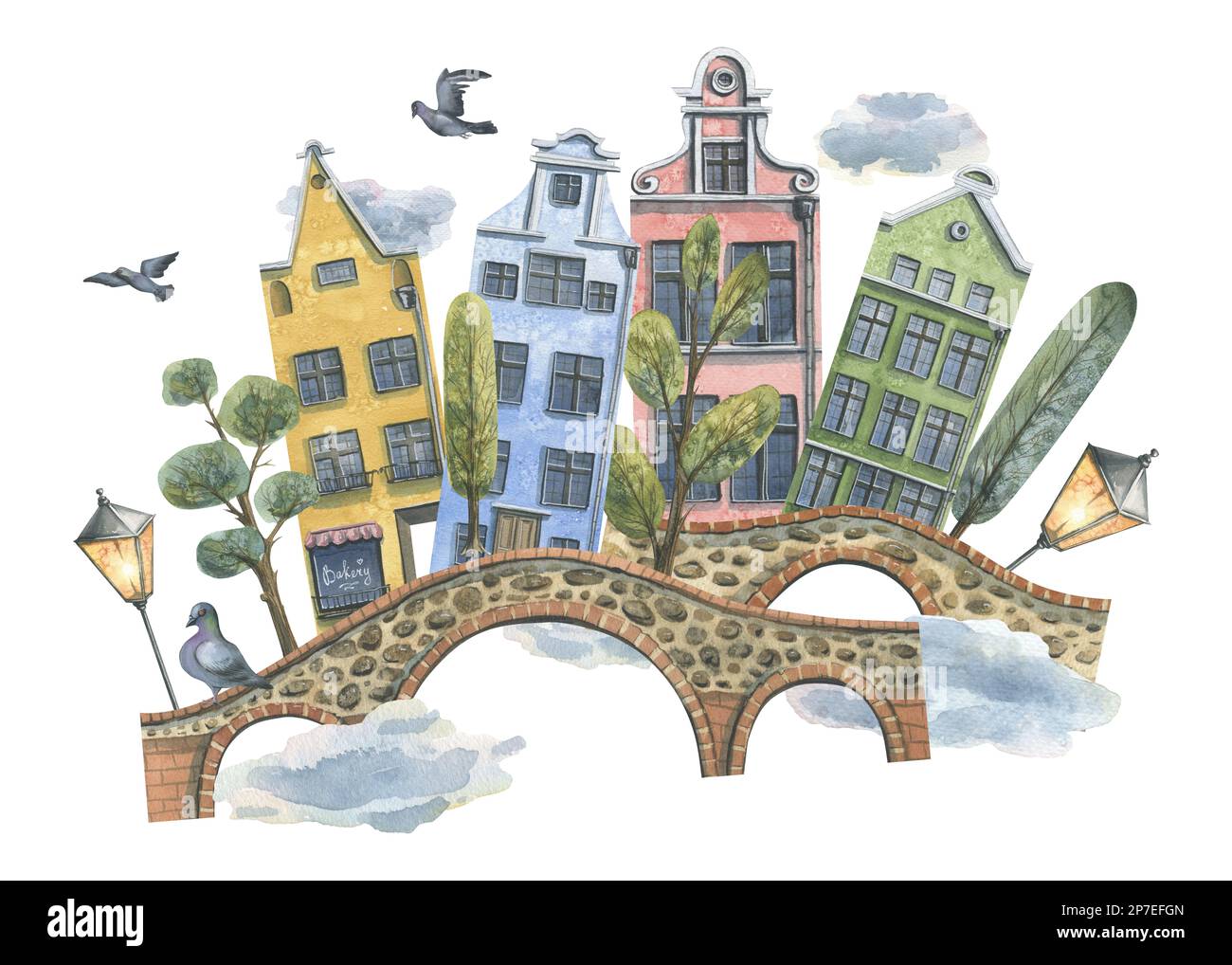 Jolies maisons colorées avec arbres, ponts, pigeons et lanternes. Illustration aquarelle. Composition de la collection MAISONS EUROPÉENNES. Pour la conception Banque D'Images