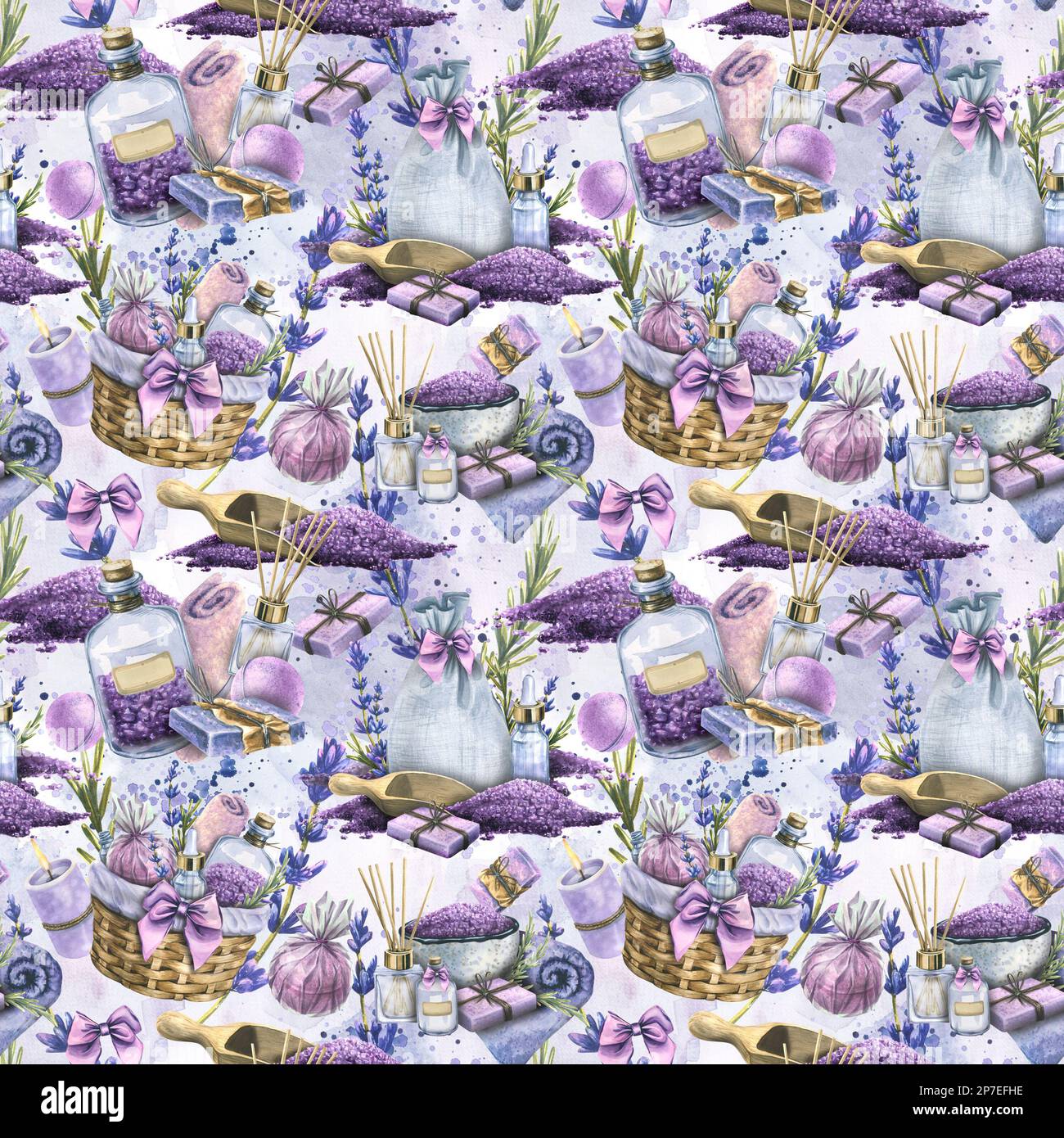 Objets faits main pour LE SPA, la réception de bain, les cosmétiques. Illustration aquarelle d'une collection SPA LAVANDE. Pour le tissu, les textiles, la publicité Banque D'Images