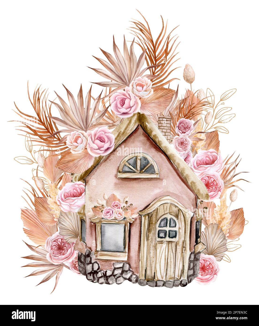 Composition aquarelle d'une ancienne ferme en bois et fleur rose . Illustration dessinée à la main avec aquarelle sur fond blanc. Banque D'Images