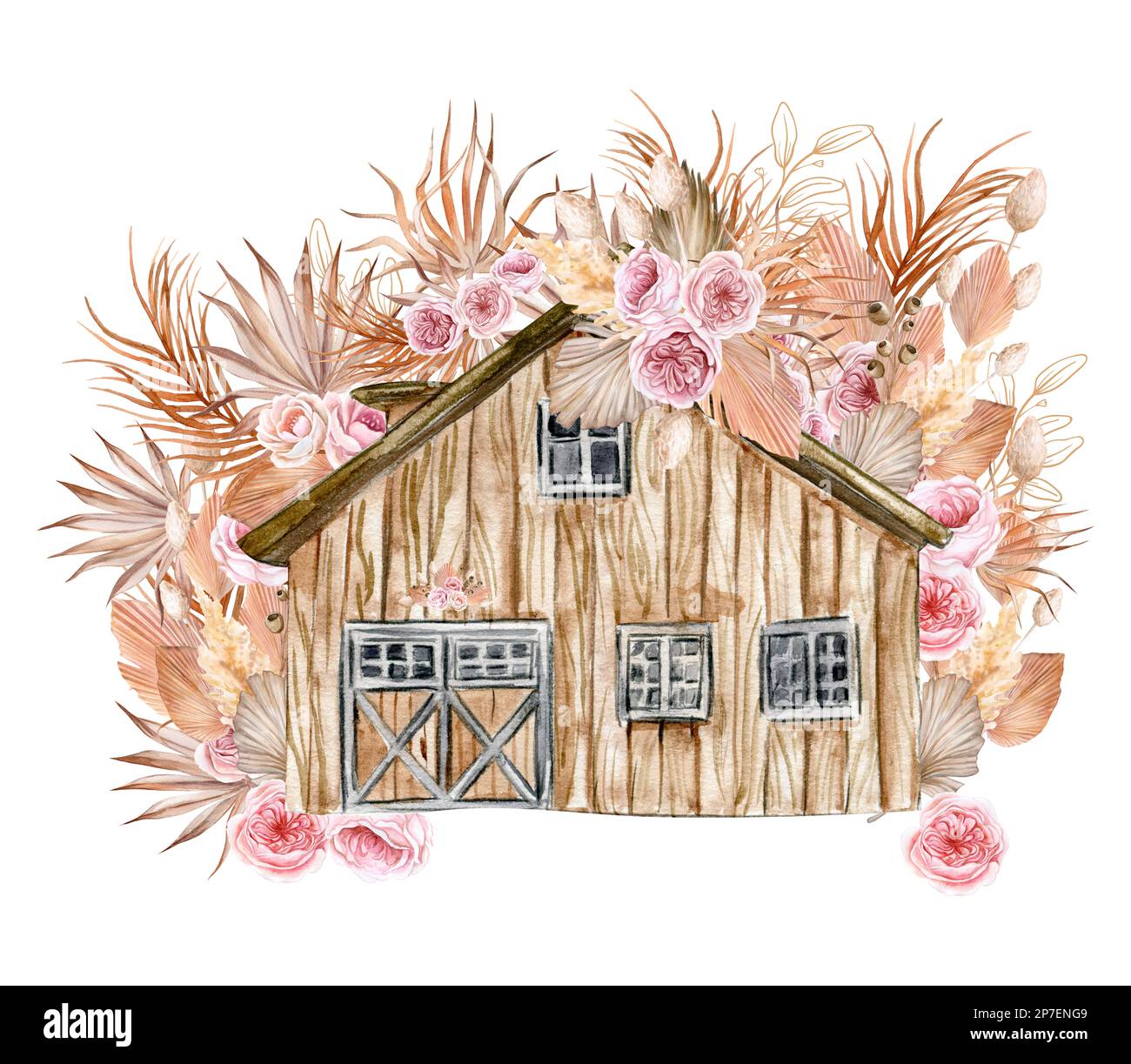 Composition aquarelle d'une ancienne ferme en bois et fleur rose . Illustration dessinée à la main avec aquarelle sur fond blanc. Banque D'Images