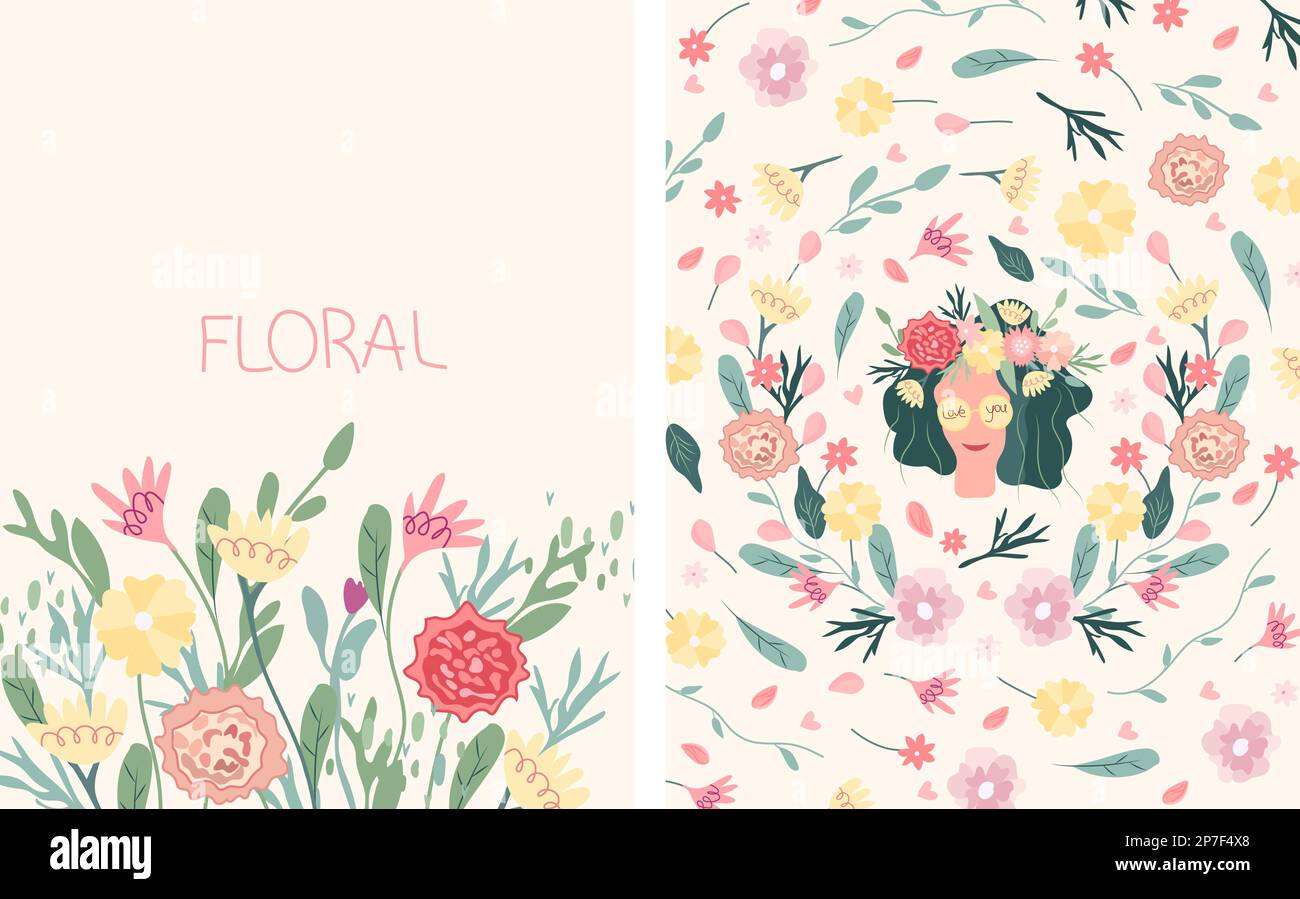 Des illustrations lumineuses avec une femme, des fleurs et des feuilles dans un cercle. Femme heureuse de printemps. Bonne journée mère. Idéal pour les cartes de vœux, les cartes, les bannières et les affiches. Graphiques vectoriels. Illustration de Vecteur