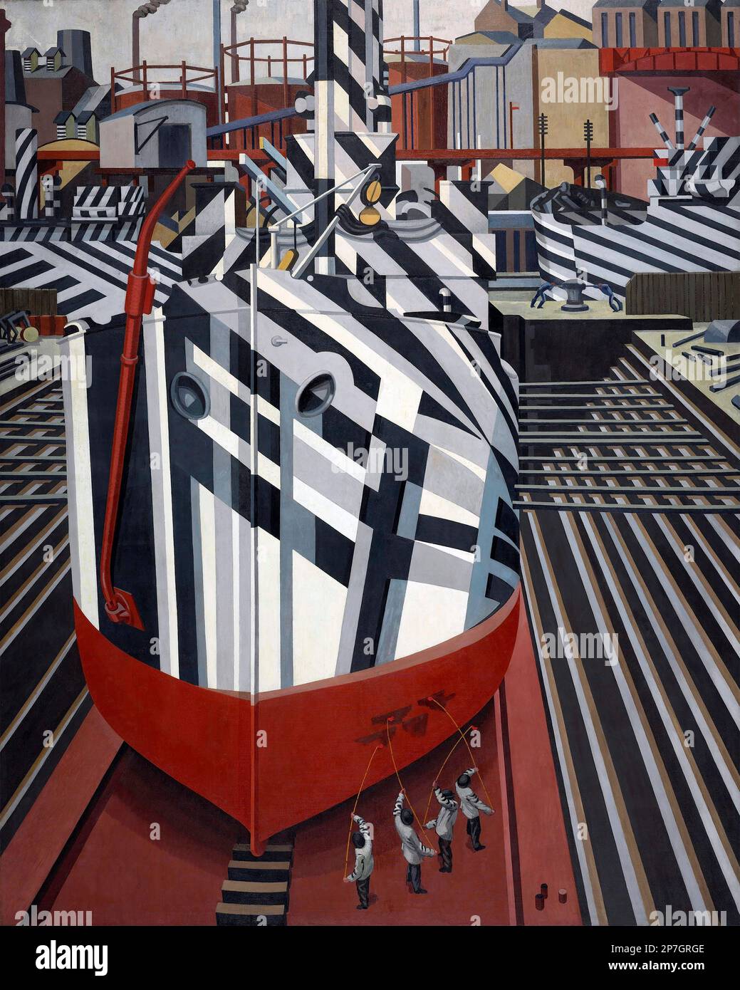 Edward Wadsworth. Peinture intitulée « Dazzleships in Dry Dock at Liverpool » par l'artiste anglais Edward Alexander Wadsworth (1889-1949), huile sur toile, 1919 Banque D'Images