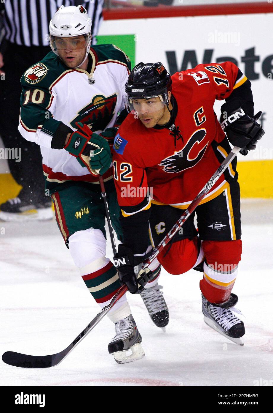 NHL player profile photo on Minnesota Wild's Marian Gaborik, left, from Slovakia, and Calgary Flames' Jarome Iginla, right, during a recent hockey game in Calgary. Larry MacDougal/TCPI/The Canadian Press (Canadian Press via AP Images) Banque D'Images