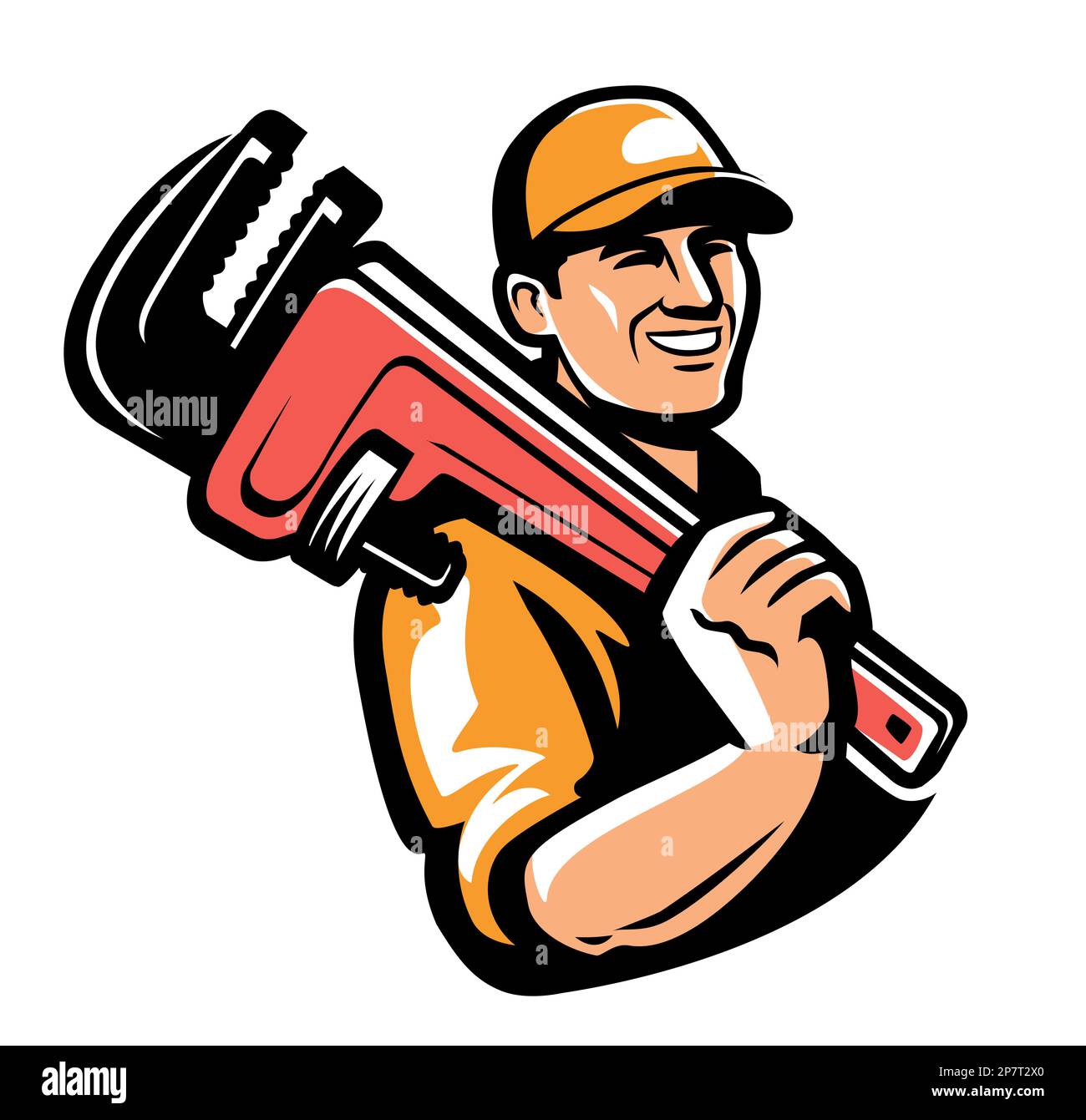 Un travailleur satisfait avec l'outil de travail. Plombier avec emblème ou logo de clé. Illustration vectorielle Illustration de Vecteur