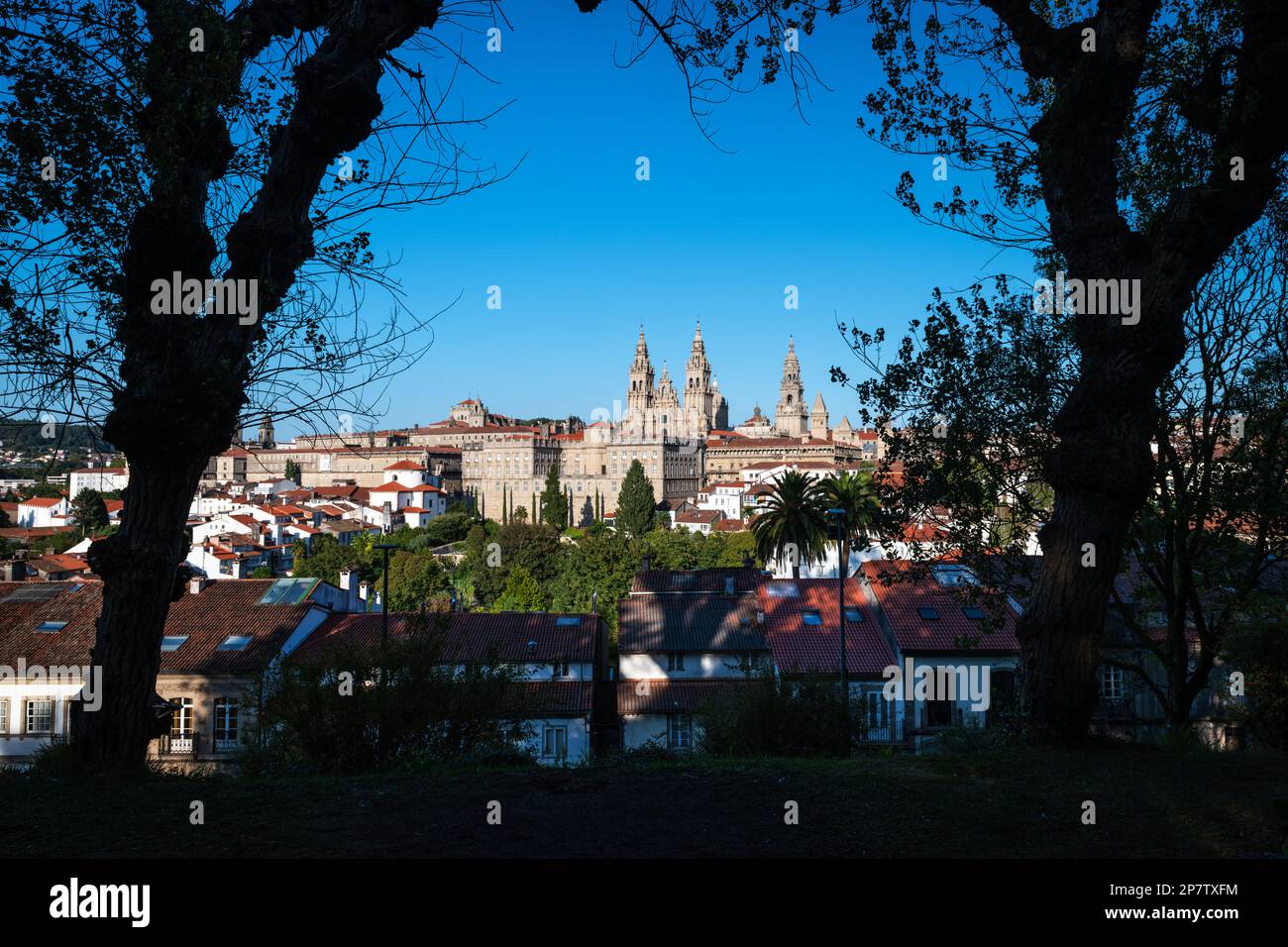 Vue panoramique de Saint-Jacques-de-Compostelle comme vu du Parc de la Alameda, avec les tours de la cathédrale à reconnaître. Banque D'Images