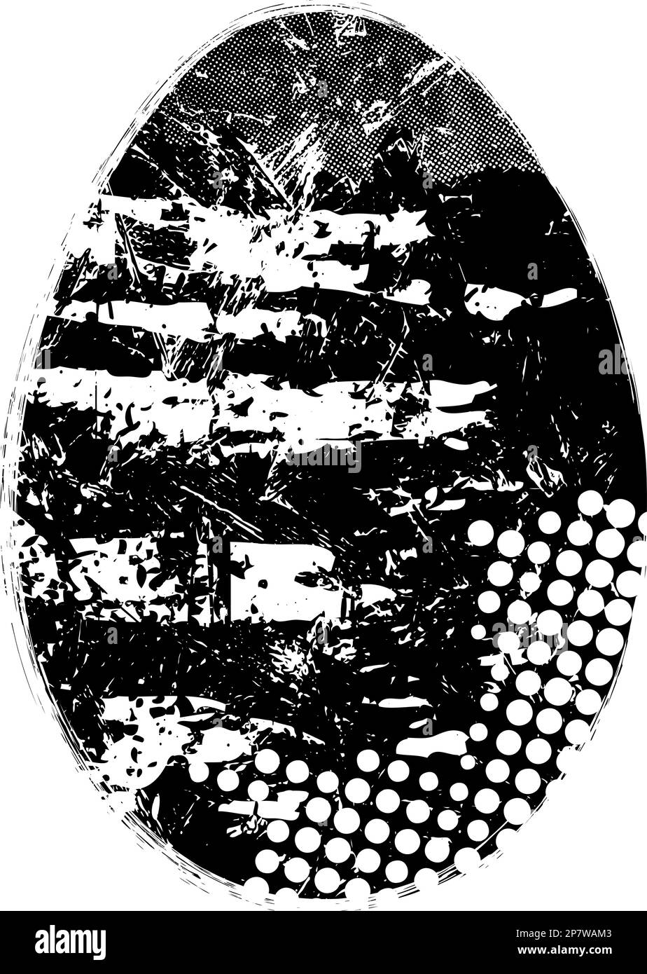 Grunge noir et blanc en forme d'oeuf de Pâques. Illustration vectorielle. Isolé. Symbole des fêtes de Pâques en détresse. Élément de design artistique pour l'impression Illustration de Vecteur