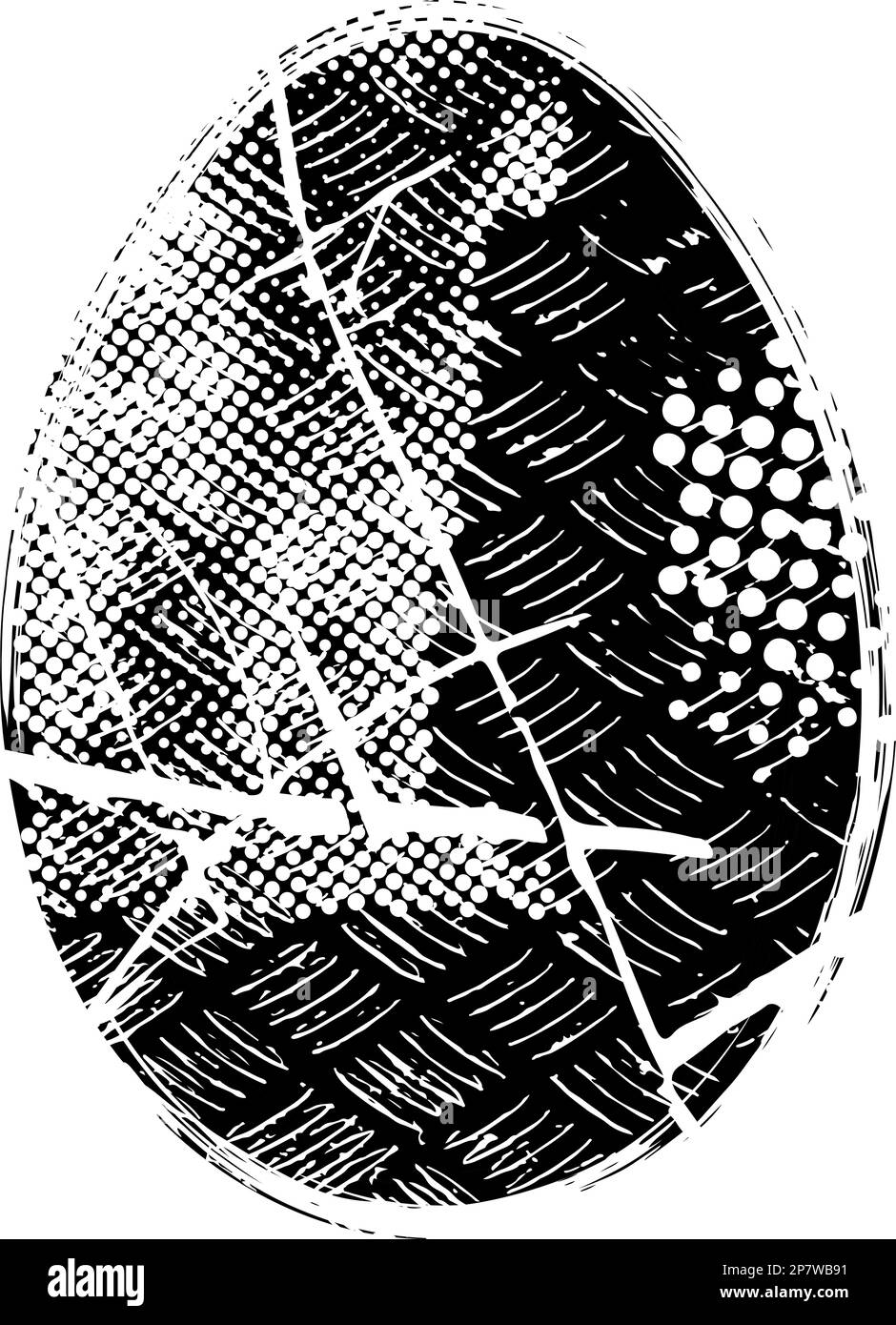 Grunge noir et blanc en forme d'oeuf de Pâques. Illustration vectorielle. Isolé. Symbole des fêtes de Pâques en détresse. Élément de design artistique pour l'impression Illustration de Vecteur