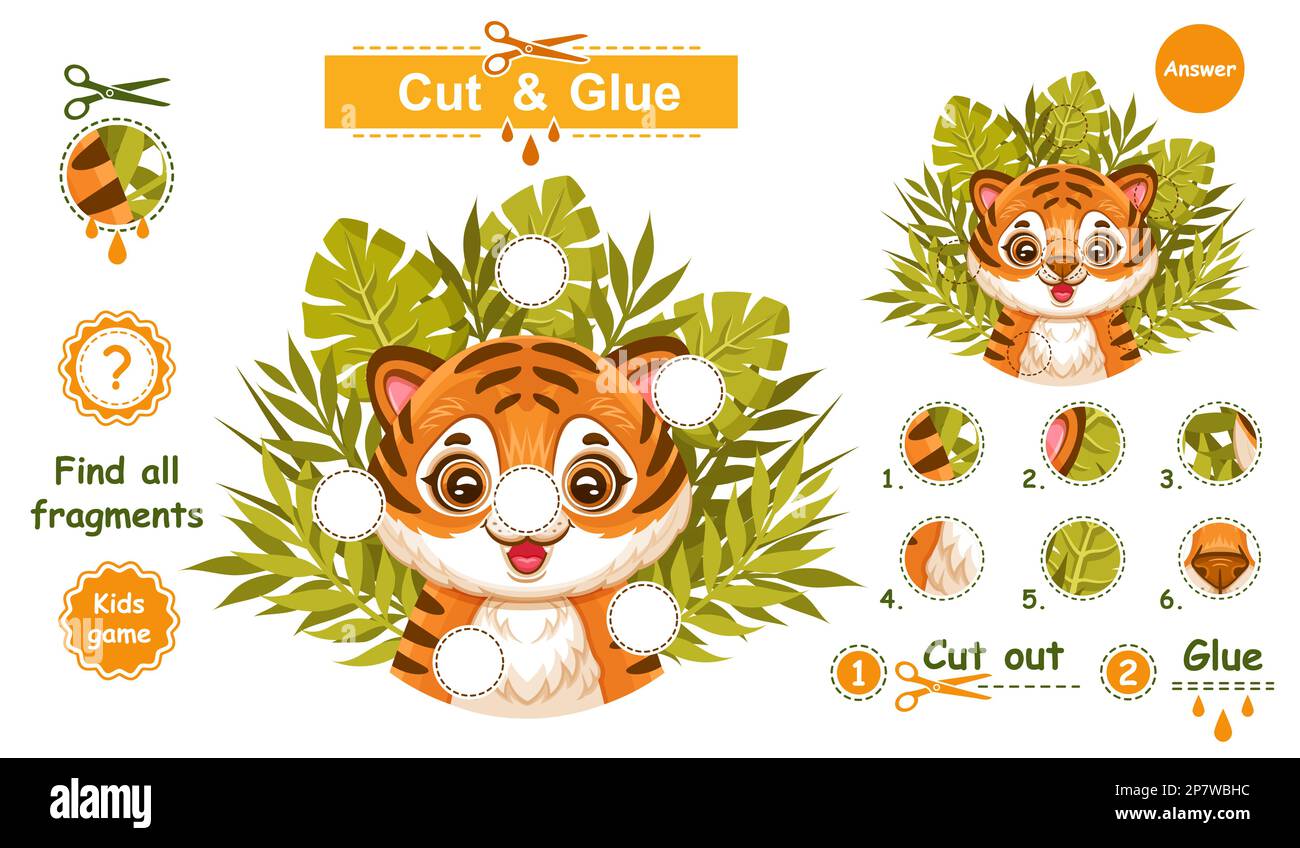 Coupez et collez le joli tigre africain, chat sauvage de la jungle, trouvez la pièce manquante du puzzle. Éducation enfants jeu logique. Animal sauvage rayé avec feuilles. Vecteur Illustration de Vecteur