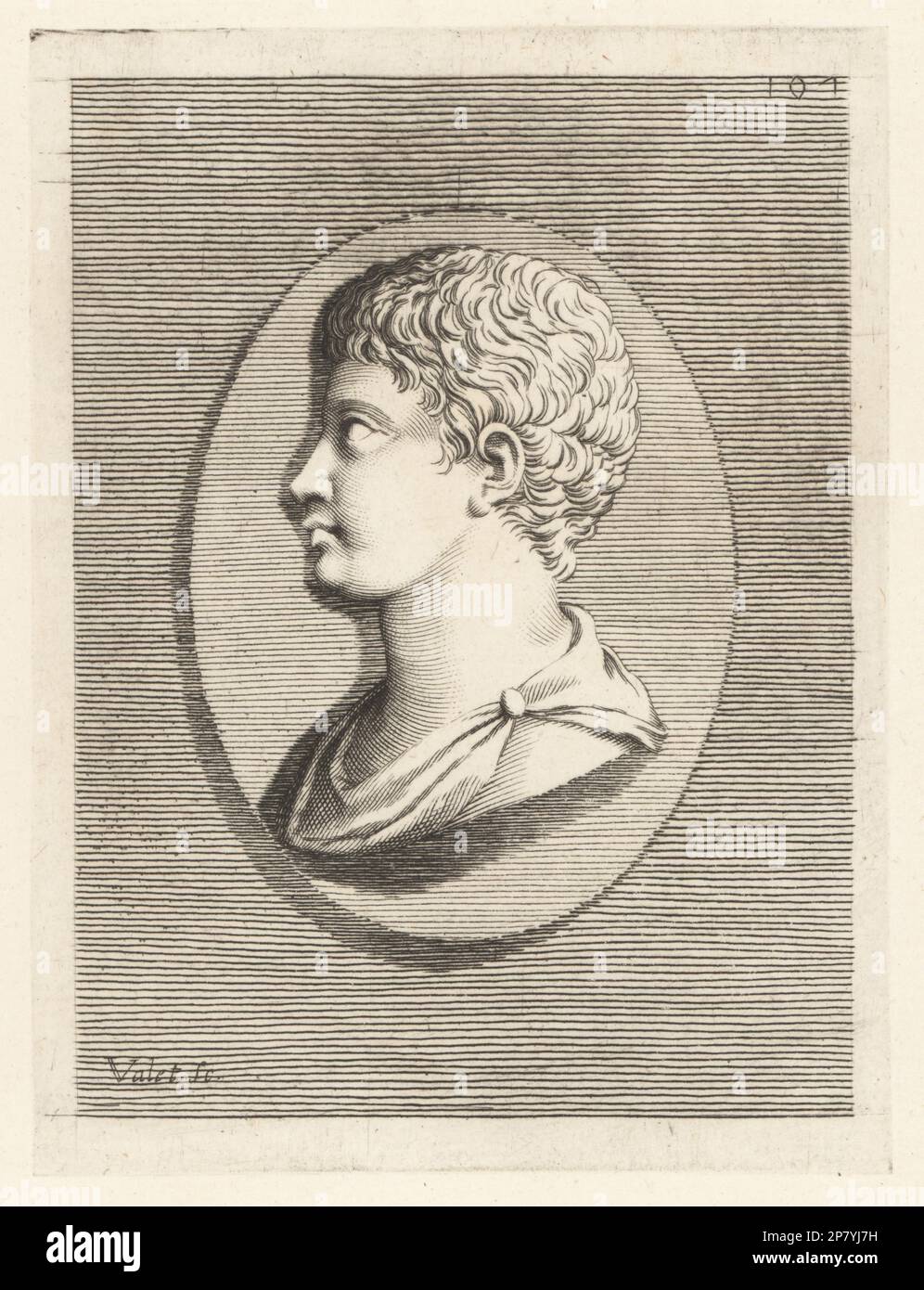 Profil buste d'un jeune avec les cheveux courts de curly, d'un bijou ovale antique. Gravure en plaques de Guillaume Vallet d'après Giovanni Angelo Canini d'Iconografia, cioe disegni d'imagini de famosissimi monarchi, regi, filososi, poeti ed oratori dell' Antichita, dessins d'images de célèbres monarques, rois, philosophes, poètes et orateurs d'Antiquity, Ignatio de Lazatio, Rome, 1699. Banque D'Images