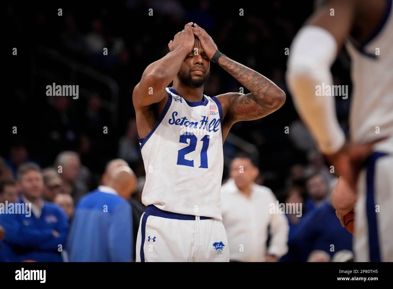 Seton Hall's Femi Odukale (21) reacts before the game is tied on foul shots by DePaul's Umoja Gibson in the second half of an NCAA college basketball game during the first round of the Big East conference tournament, Wednesday, March 8, 2023, in New York. (AP Photo/John Minchillo) Banque D'Images