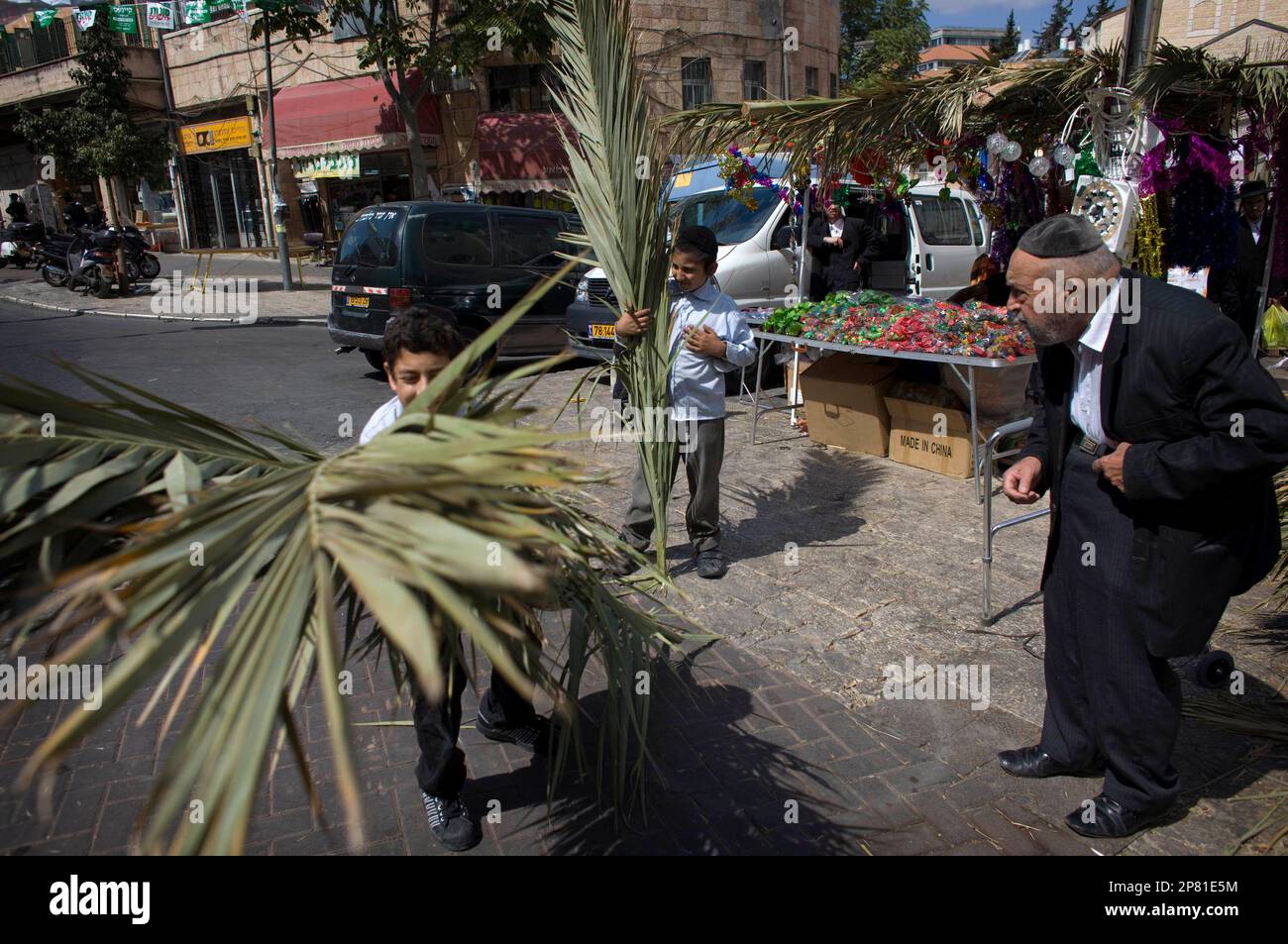 Ultra Orthodox Jewish boys move palm fronds for an older man to be used to build a Sukka, in the Mea Shearim ultra Orthodox neighborhood of Jerusalem, Tuesday, Sept 29, 2009. The palm branches are used as the roof of a temporary house called a "Sukka" which is built and lived in during the week-long Jewish holiday of Sukkot. The week long holiday begins Friday. (AP Photo/ Tara Todras-Whitehill) Banque D'Images