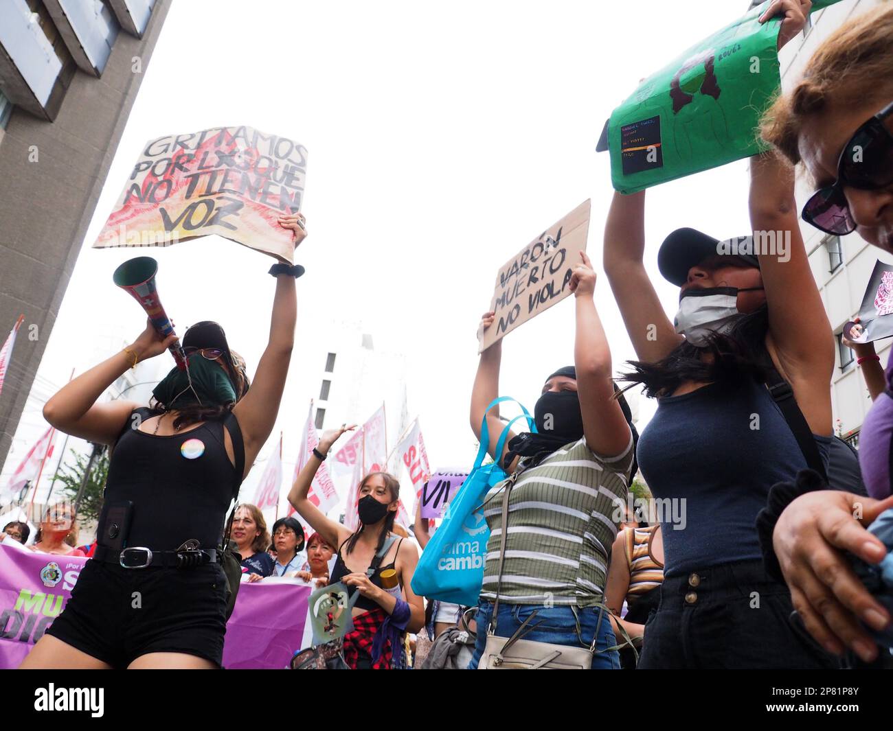 Des dizaines de femmes ont manifesté devant le ministère des femmes pour réclamer justice pour ceux qui ont été assassinés et maltraités par des hommes et aussi par la répression de l'État tout en participant à des manifestations contre le gouvernement. Actuellement, à Lima, il y a une grave répression contre toutes sortes de manifestations, y compris celles qui revendiquent des droits de l'homme. Banque D'Images