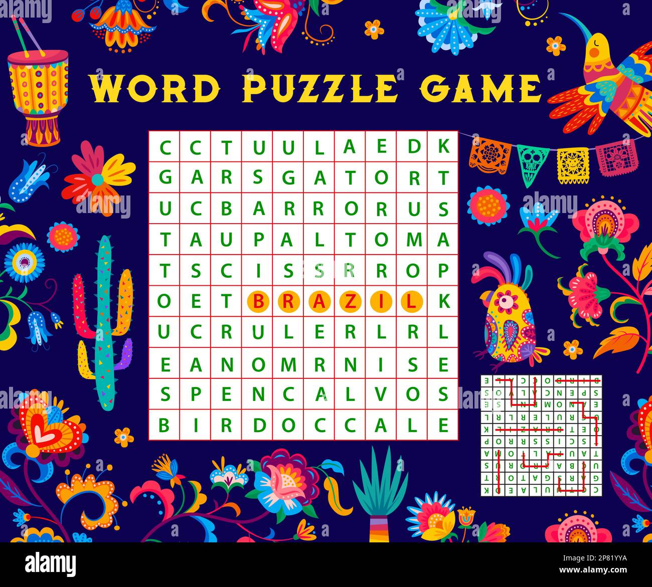 Jeu de puzzle de recherche de mot brésilien. Fiche de jeu Vector du carnaval de la musique brésilienne. Mot labyrinthe avec tambour de dessin animé, perroquet brésilien et oiseaux toucan, col Illustration de Vecteur