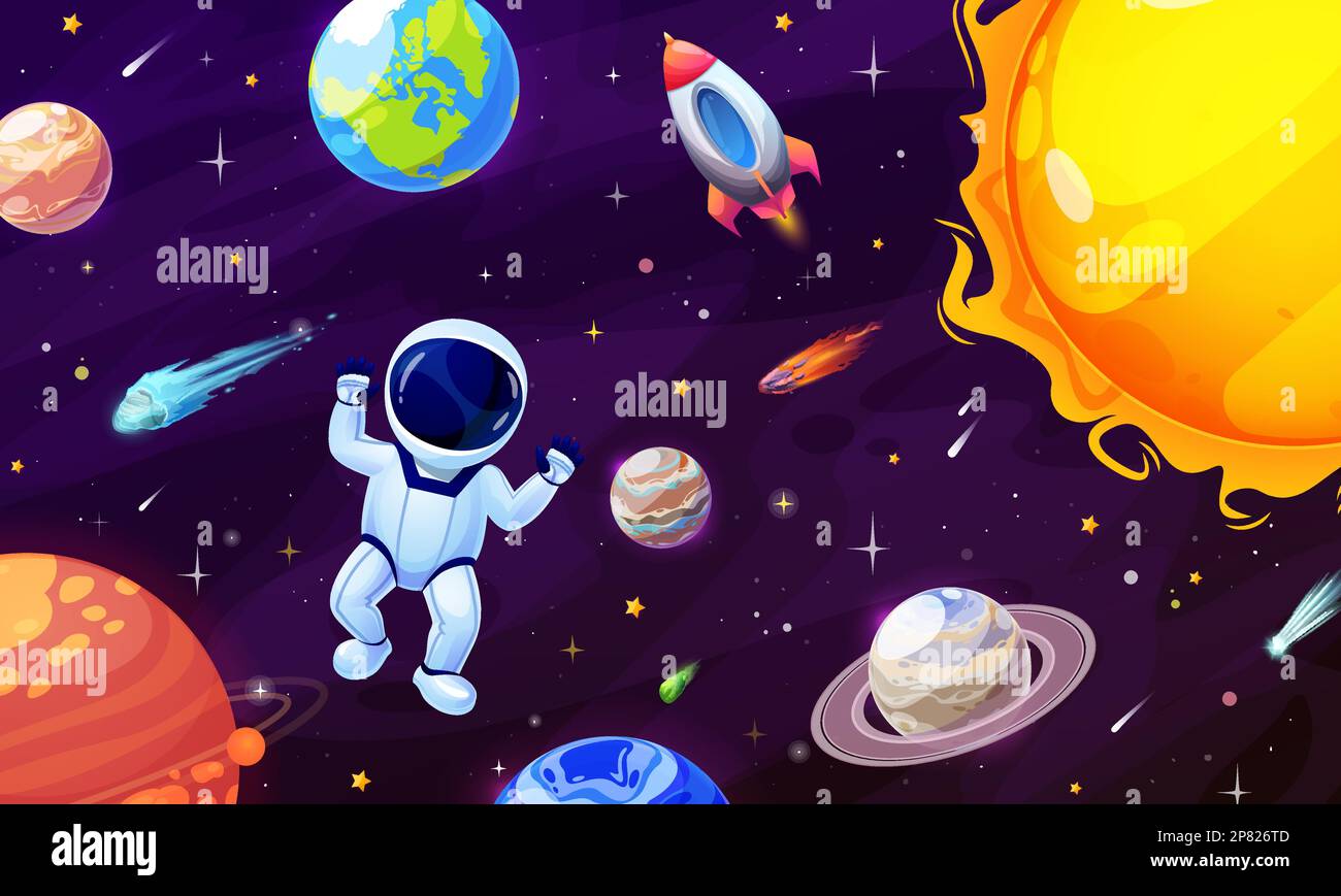 Personnage d'astronaute de dessin animé dans l'espace. Planètes et