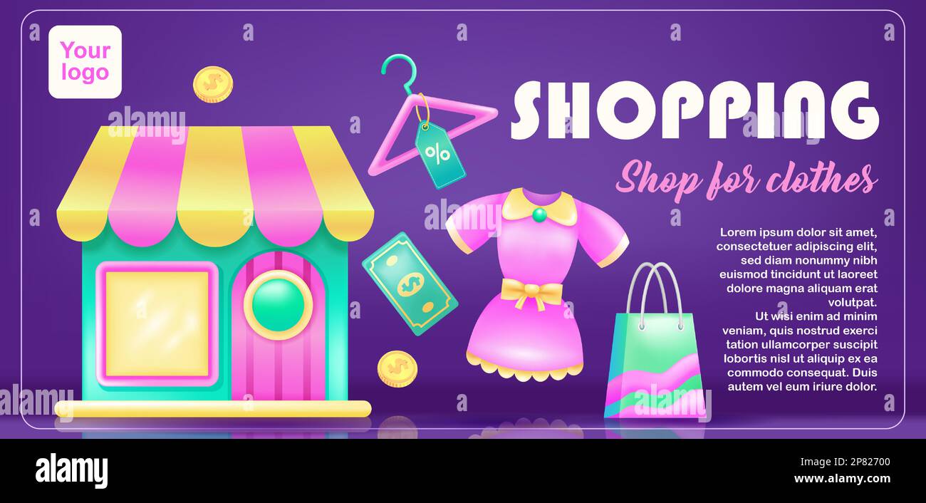 Shopping, shopping de vêtements. 3d illustration d'un magasin de vêtements et d'un sac à provisions Illustration de Vecteur