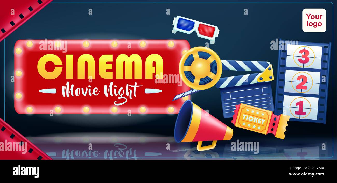 Cinéma, soirée cinéma. 3d panneaux vectoriels clapper, mégaphone du réalisateur, ticket, 3d verres et bande de film Illustration de Vecteur
