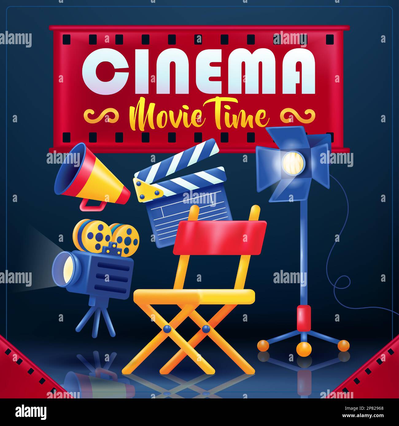 Cinéma, temps du film. 3d chaise, caméra, éclairage et mégaphone du réalisateur vectoriel Illustration de Vecteur