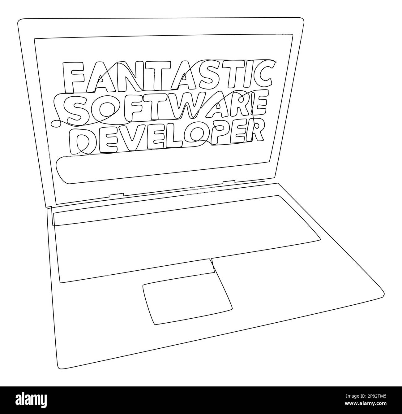 Une ligne continue d'ordinateurs portables avec le mot fantastique développeur de logiciels. Concept de vecteur d'illustration à trait fin. Dessin de contour idées créatives. Illustration de Vecteur