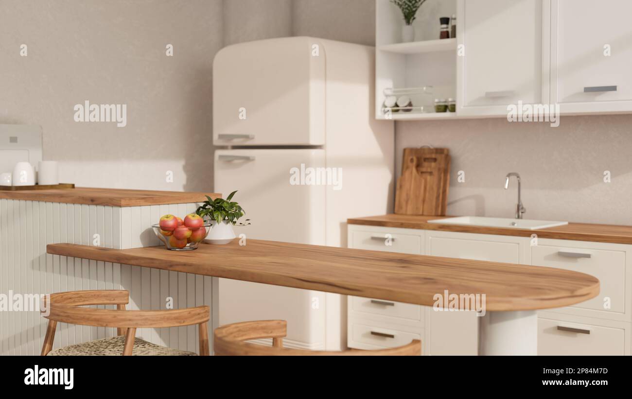 Gros plan, espace de maquette pour l'affichage des produits sur une table de cuisine en bois dur, avec un design intérieur minimaliste en bois et blanc scandinave. 3d rende Banque D'Images