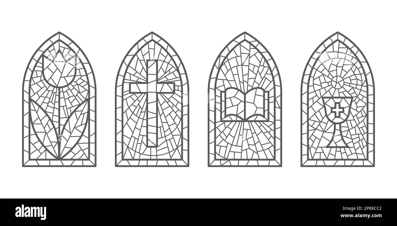 Fenêtres en verre de l'église. Mosaïques colorées cadres catholiques avec croix, livre et symboles religieux. Ensemble de vecteurs isolé sur fond blanc Illustration de Vecteur