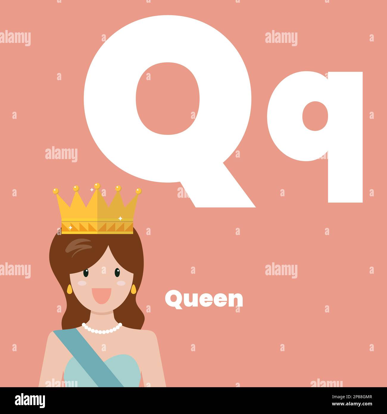 Mignon enfants ABC alphabet mots de carte de mémoire avec la lettre Q pour les enfants apprenant le vocabulaire anglais. Grand lit. Illustration vectorielle Illustration de Vecteur