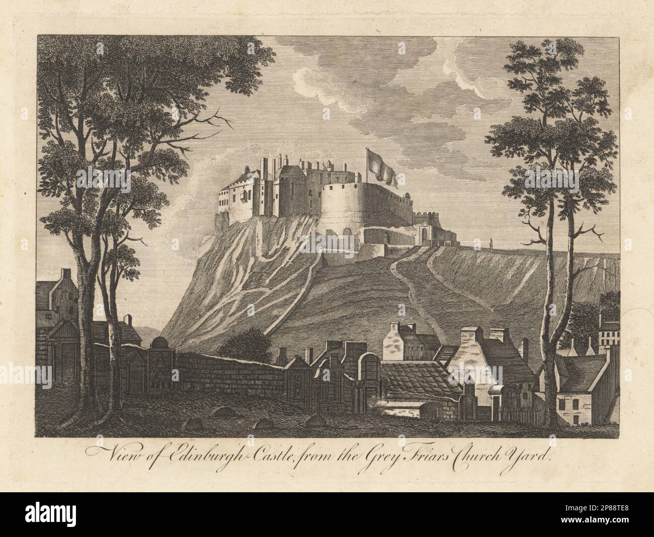 Château d'Édimbourg sur Castle Rock, vue depuis le jardin Kirk de Greyfriar. Construit au 12th siècle, principalement une caserne militaire depuis le 17th siècle. Vue sur le château d'Édimbourg depuis le Yard de l'église Grey Friar. Gravure sur plaque de cuivre du magazine Copper plate ou Monthly Treasure, G. Kearsley, Londres, 1774. Banque D'Images