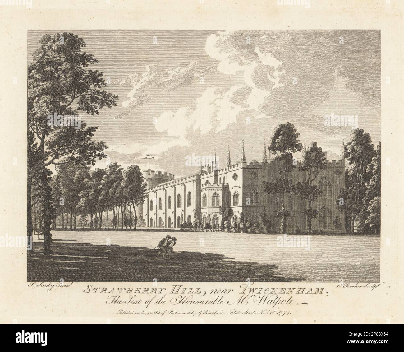 Strawberry Hill, près de Twickenham, villa de style gothique pour écrivain, historien et politicien, Horace Walpole, 1717-1797. Deux jardiniers qui roulent la pelouse devant le manoir à créneaux. Conçu par l'architecte amateur John Chute et le designer Richard Bentley. Gravure sur plaque de coperplate par Edward Rooker après une illustration par Paul Sandby du magazine Copper plate ou Monthly Treasure, G. Kearsley, Londres, 1 octobre 1774. Banque D'Images