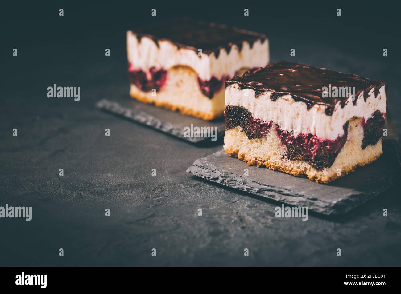 Gâteau allemand Donauwelle (Danube Waves) - gâteau éponge à la vanille et au chocolat avec cerises aigres, crème au beurre à la vanille et glaçage au chocolat Banque D'Images