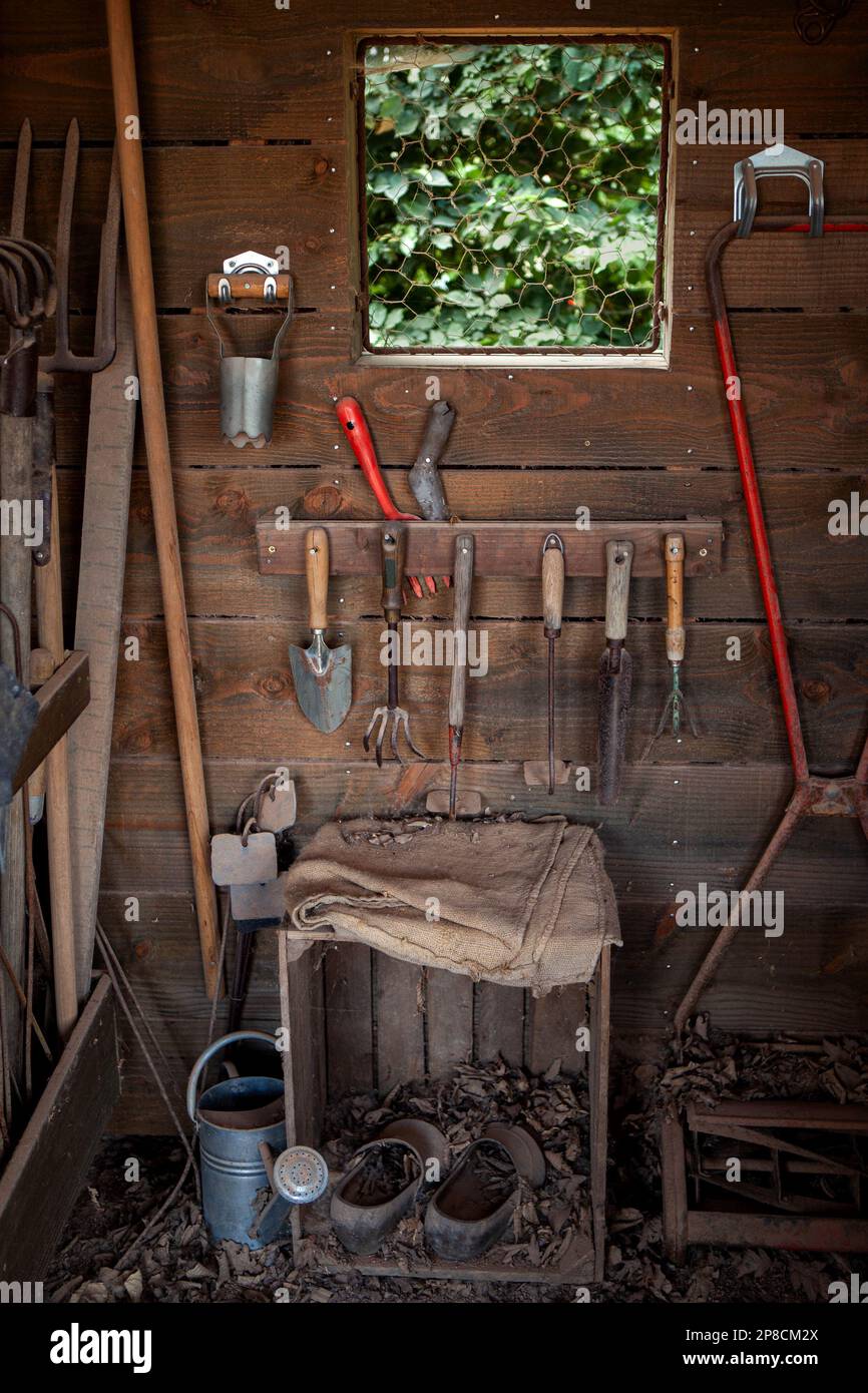 Outils dans la cabine de jardinier Banque D'Images