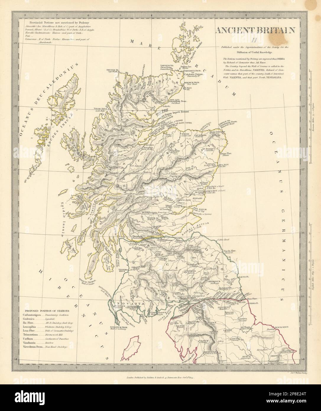 ANCIENT BRITAIN.Caledonia-Scotland.Roman Road Town names.Ptolémée.SDUK 1844 map Banque D'Images