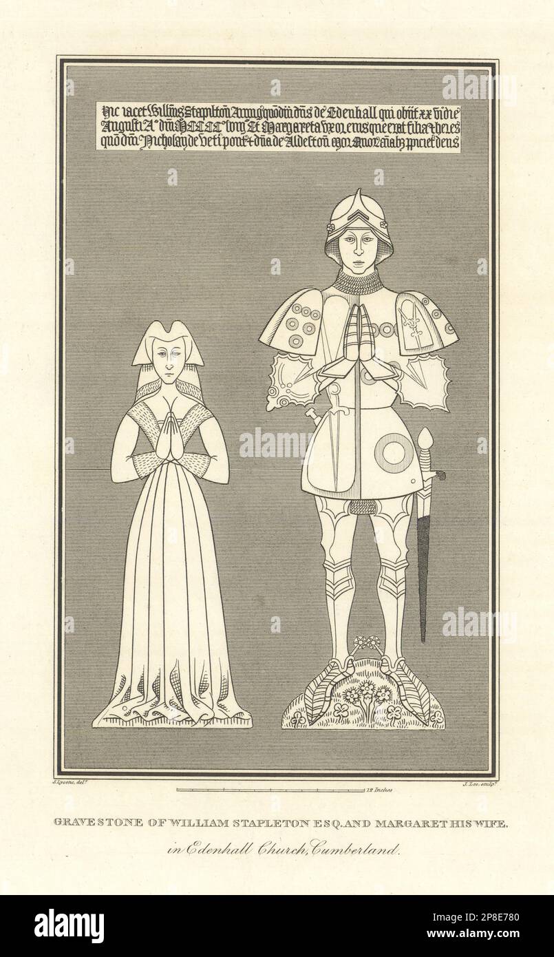 Pierre tombale de Stapleton, église St Cuthbert, Edenhall, Cumbria 1816 vieux imprimé Banque D'Images Pierre tombale de Stapleton, église St Cuthbert, Edenhall, Cumbria 1816 vieux imprimé Banque D'Images